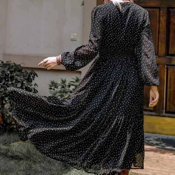 Boho gypsy floral embroidered dot black maxi dress sheer long sleeve - Picture 4 of 10